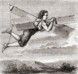 El supuesto vuelo del cerrajero francés Jacob Besnier, con la ayuda de un aparato volador diseñado por él mismo, en 1678, de "Les Merveilles de la Science", publicado hacia 1870 (litografía).