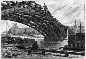 La reparación del puente de los Santos Peres (Pont du Carrousel) en 1883 (Saints-Peres) - grabado en "Le journal illustrious" de French School