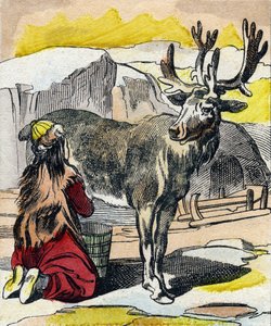 El reno siendo ordeñado. Grabado en "Buffon Alphabet des Animaux". 3ª Serie N 1. Imágenes de Epinal, Epinal, finales del siglo XIX. 16 páginas. de French School