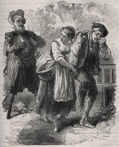El regreso de Martin Guerre (circa 1524 alrededor de 1560): apareció ante su esposa, Bertrande de Rols, y el que había usurpado su identidad, el impostor Arnaud du Tilh (Thil). Grabado de 1871 en “Histoire Des Cocus Celebres” por Henry de Kock (1819-1892). de French School