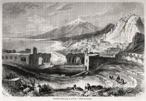 Las ruinas del antiguo teatro de Taormina (Tauromenium), al pie del Monte Tauro, con vista al pueblo moderno de Giardini y el Etna, dibujo de Adolphe Rouargue (1810-187?) y Emile Rouargue (ca1795-1865) para ilustrar el diario de Felix Bourquelot de French School