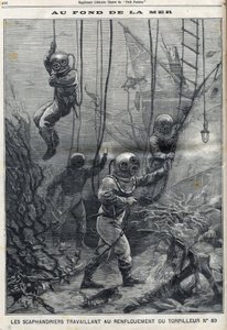 Los buzos trabajando en el rescate del torpedo 83 que se hundió en la Bahía de Douarnenez en Finisterre en Bretaña, en "Le Petit Parisien". de French School