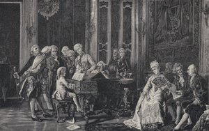 Wolfgang Amadeus Mozart de siete años tocando ante el rey Jorge III en Londres, 1764 de French School