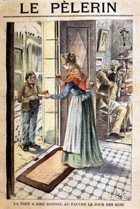 La parte de Dios dada a los pobres en el día de los reyes - en “Le Pelerin”, principios del siglo XX (grabado) de French School