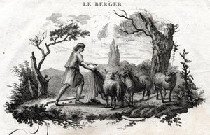 El pastor. Fábula de Esopo. (Escritor griego Esopo o Ecopo, siglo VI a.C.) Escrito por Guillaume Montfort y grabado por Beauble en 1801. de French School