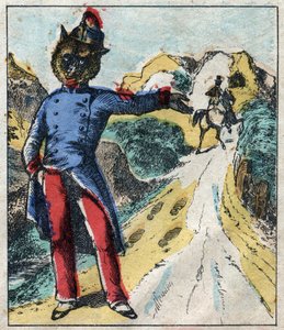 El león enfermo y el zorro. Fábulas de Jean de La Fontaine (1621-95). Imágenes de Épinal finales del siglo XIX. de French School