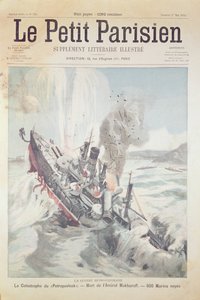 El hundimiento del buque insignia ruso Petropavlovsk el 13 de abril de 1904, ilustración de portada de Le Petit Parisien, 1 de mayo de 1904 de French School