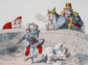 La situación - Gauillaume: Debemos ayudar a los locos, Badingue (Napoleón III): Déjalos hacer mi hermano, será tiempo de intervenir cuando (los parisinos) se hayan devorado entre ellos. Caricatura sobre la Comuna. de French School