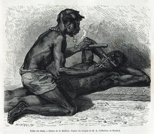 El tamaño de los dientes en el Okanda, dibujo de D. Maillard, para ilustrar la historia de un viaje a Gabón y el río Ogoue en 1875-1877, por Alfred Marche. Grabado en Le tour du monde de French School