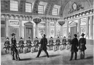 El hijo de Napoleón III, Príncipe Imperial (1856-1879), practicando armas con los guardias, ante su padre el Emperador Napoleón III (1808-1873), en la sala de guardia del castillo de Compiegne. Grabado en "Le Monde Illustré" n°349 del 19 de diciembre