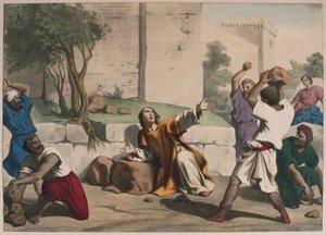 La lapidación de San Esteban, ilustración de un catecismo L