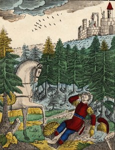 Historia de los cuatro hijos Aymon; Bayard, al escuchar el ruido de los soldados que Ripas tenía con él para colgar a Richard, despierta a Regnault golpeando su escudo de French School