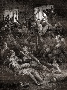 El sufrimiento y la muerte debido a la mala ventilación, de prisioneros ingleses en el Agujero Negro de Calcuta, una pequeña mazmorra en el antiguo Fuerte William en Calcuta, India, donde las tropas del Nawab de Bengala, Siraj ud-Daulah, mantuvieron prisio
