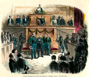 Juramento de Luis Napoleón III (Louis-Napoleón), proclamado oficialmente presidente de la República, en la Asamblea Nacional el 20 de diciembre de 1848. Jura "permanecer fiel a la única e indivisible República Democrática y cumplir todos los de French School