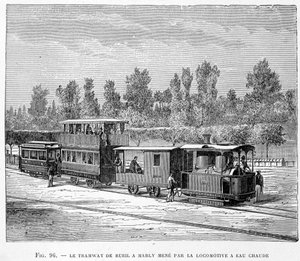 El tranvía de Rueil a Marly, dirigido por la locomotora de agua caliente - en "Las nuevas conquistas de la ciencia" de Louis Figuier de French School