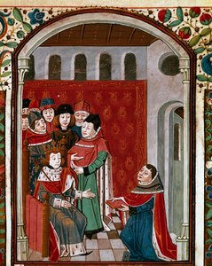El traductor Jean de Meung (1240-1305) dona su obra al Rey Felipe IV el Hermoso (1268-1314). Miniatura de 