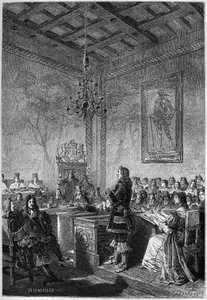 El juicio de Lord William Russell (1639-1683) - grabado de "L