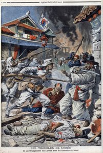 Los problemas de Corea, la guardia japonesa luchando con los emeutiers en Seúl, descontentos por la abdicación de Yi-Yeung - "Le Petit Journal" del 4 de agosto