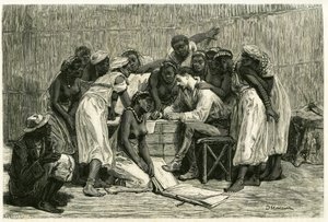 La visita de las reinas, las dieciséis esposas del Rey Sepopo, en la caja del Dr. Holub. Grabado de D.Maillard, para ilustrar la historia “En el país de los Marutses”, en 1875-1879, por el Dr. Emile Holub (1847-1902). Publicado en el Tour du monde, 2º seme de French School