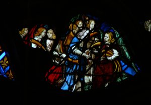 La ventana rosa oeste que representa una escena del Libro de Apocalipsis: siete ángeles ante Dios recibiendo siete trompetas (8:2) de French School
