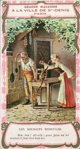 La esposa con la nariz de salchicha, ilustración del cuento de hadas de Perrault Los Tres Deseos (Les Trois Souhaits), finales del siglo XIX de French School