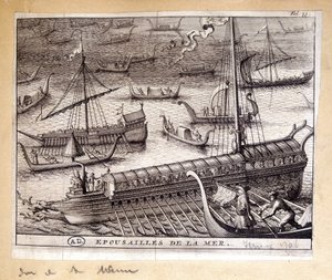 Las esposas del Dogo de Venecia con el mar en 1706 - grabado de French School