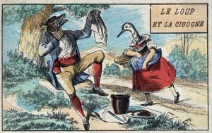 El lobo y la cigüeña. Fábulas de Jean de La Fontaine (1621-95). Imagen de Épinal de finales del siglo XIX. de French School