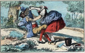El lobo y la cigüeña. Fábulas de Jean de La Fontaine (1621-95). Imagen de Épinal de finales del siglo XIX. de French School