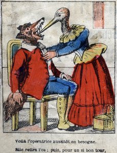 El lobo y la cigüeña. Fábulas de Jean de La Fontaine (1621-95). Imágenes de Épinal finales del siglo XIX.