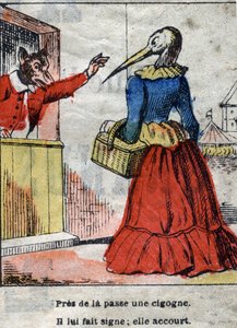 El lobo y la cigüeña. Fábulas de Jean de La Fontaine (1621-95). Imagen de Epinal de finales del siglo XIX. de French School