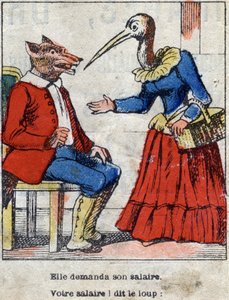 El lobo y la cigüeña. Fábulas de Jean de La Fontaine (1621-1695). Imagen de Epinal finales del siglo XIX.