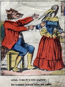 El lobo y la cigüeña. Fábulas de Jean de La Fontaine (1621-1695). Imagen de Epinal finales del siglo XIX.