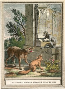 El lobo suplicando contra el zorro frente al mono