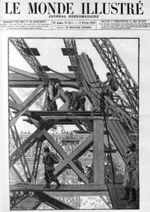 Las obras de la Torre Eiffel para la exposición mundial de 1889, los trabajadores están a cincuenta metros sobre el suelo. En “El Mundo Ilustre” de 1888. de French School