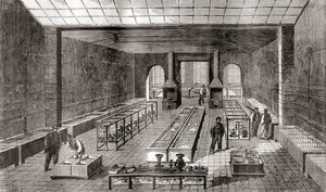 El taller que contiene los baños químicos en la planta de galvanoplastia de Charles Christofle, París, Francia en 1867, de Les Merveilles de la Science, publicado c.1870 (grabado) de French School