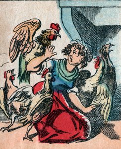 El mundo al revés, una tierra imaginaria: pavos y gallinas desplumando al cocinero - imagen de Epinal de French School