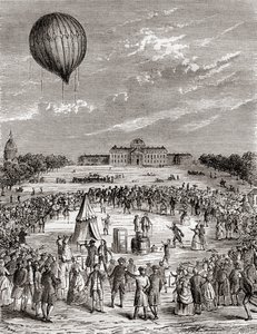 El primer globo de hidrógeno del mundo, lanzado sobre el Campo de Marte, París, Francia en 1783, de Les Merveilles de la Science, publicado c.1870 (grabado) de French School