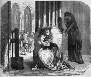La joven Madeleine de la Palude (Madeleine de Demandols) en el siglo XVII poseída por un demonio, logró atraer a los religiosos solo con la belleza de sus ojos. Fue encerrada en el convento de las Ursulinas. Grabado en “La historia de la prostitución... de French School