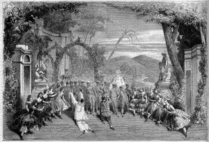 Representación teatral: Acto II, última escena de "Les Dances nationales de la France" de Lambert Thiboust, Alfred Delacour y Clairville. París, Théâtre des Variétés
