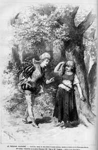 Representación teatral: Cenicienta y el Príncipe Azul interpretados por Mme Theo y Melle Vanghel para la obra “Cendrillon” de Clairville (Louis Francois Nicolaie) de French School
