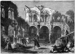 Representación teatral: “Los funerales del honor” (Acto VII, última escena) por Auguste Vacquerie (1819-1895). París, Teatro de la Porte Saint Martin