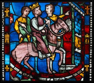 Teodosio llega a Éfeso, de una escena de la Leyenda de los Siete Durmientes de Éfeso, c. 1200-10 (vidrio de metal, pintura vítrea) de French School