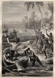 Estos fueron proporcionados tan cerca...: El viaje del Capitán James Cook (1728-1779) a Nueva Zelanda en 1769 - los naturales de Nueva Zelanda atacan a la tripulación de Cook en su acercamiento a la costa - ilustración tomada de “The Great Mariners of the  de French School
