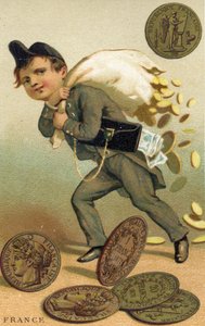 Ladrón escapando con un saco de francos franceses y billetes, de una serie de tarjetas promocionales sobre monedas en diferentes países, publicada en París por Baster & Vieillemard para el productor de chocolate