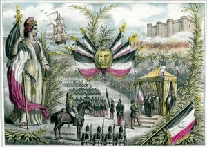 Tercera República: la República triunfante preside la Gran Fiesta Nacional del 14/07/1880 en la plaza de la Bastilla. El 14 de julio se convierte en fiesta nacional de Francia y se adopta la bandera tricolor. Grabado hacia 1880 Colección particular de French School