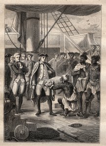 Tercer viaje de James Cook - Le dieron un cerdito - le presentó un cerdito - Tercer viaje de James Cook en el Océano Pacífico - ilustración tomada de “Los grandes marineros del siglo XVIII” por Jules Verne de French School