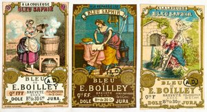 Tres etiquetas para la marca de detergente Bleu de E. Boilley de French School