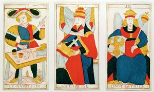 Tres cartas del tarot que representan El Mago, La Sacerdotisa y La Emperatriz de French School