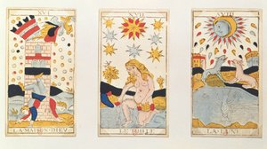 Tres cartas del tarot que representan La Torre, La Estrella y La Luna