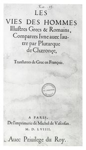 Página de título de Las vidas de los nobles griegos y romanos, de Plutarco, impreso por Michel de Vascosan de French School